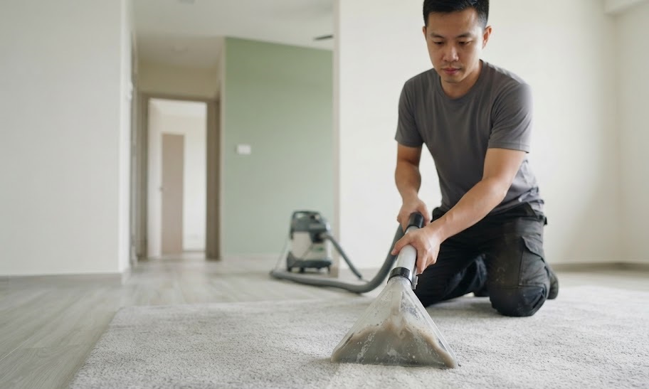 Professional technician using deep hot water extraction to clean cement dust and drywall powder from carpet in a Singapore BTO flat.