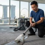 Commercial technician performing high-temperature steam sanitization and deep bio-extraction on office carpet tiles in a Singapore financial district office tower.