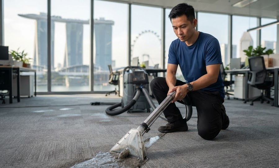 Commercial technician performing high-temperature steam sanitization and deep bio-extraction on office carpet tiles in a Singapore financial district office tower.