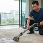 Professional technician using high-PSI hot water extraction to remove trapped PM2.5 haze particulates from a Singapore apartment carpet.