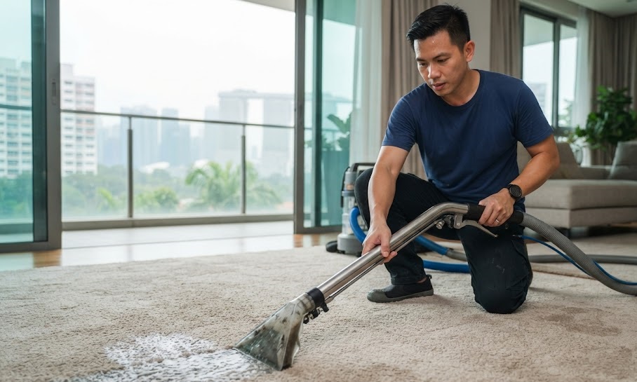 Professional technician using high-PSI hot water extraction to remove trapped PM2.5 haze particulates from a Singapore apartment carpet.