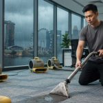 Commercial cleaning technician using deep moisture extraction and industrial drying equipment on office carpet tiles in Singapore.
