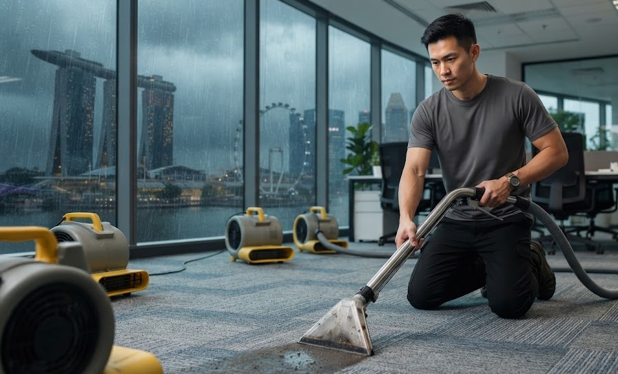 Commercial cleaning technician using deep moisture extraction and industrial drying equipment on office carpet tiles in Singapore.