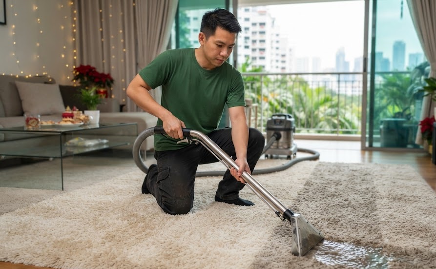 Professional carpet cleaning technician using hot water extraction and fabric protection on a matted living room rug in Singapore before festive gatherings.